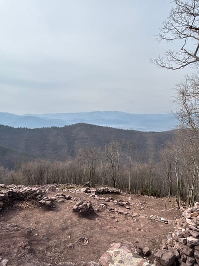 The image depicts an elevated outdoor scene in Praveshka Lakavitsa, Bulgaria, featuring archaeological ruins in the foreground and an expansive mountainous landscape. The immediate foreground consists of uneven, reddish-brown earth embedded with numerous irregularly shaped, dark reddish and gray stones, forming partial wall foundations and scattered debris. No human subjects or discernable activities are present in this area. Beyond the ruins, a dense forest of leafless deciduous trees covers rolling hills, indicating late winter or early spring conditions. The midground features individual bare trees with light-colored bark ascending a slope. In the background, successive layers of hazy mountains extend to the horizon, with the most distant peaks showing minimal traces of snow. A valley containing what appears to be a small settlement is visible between the closer forested hills and the distant mountain ranges. The sky is uniformly pale gray-blue, indicating overcast weather conditions.