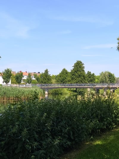 The image depicts a view of the Södra Kungsvägen bridge in Mjölby, Sweden, on a clear, sunny day. In the foreground, dense green foliage and reeds line the bank of a body of water, reflecting the sunlight. A bridge with a patterned railing spans the water, with a stone support visible. On the opposite bank, several buildings with red-tiled roofs and white facades are nestled amongst lush green trees. A street lamp is also visible. The sky above is a bright, clear blue with a few faint clouds. The scene conveys a tranquil, summery atmosphere.
