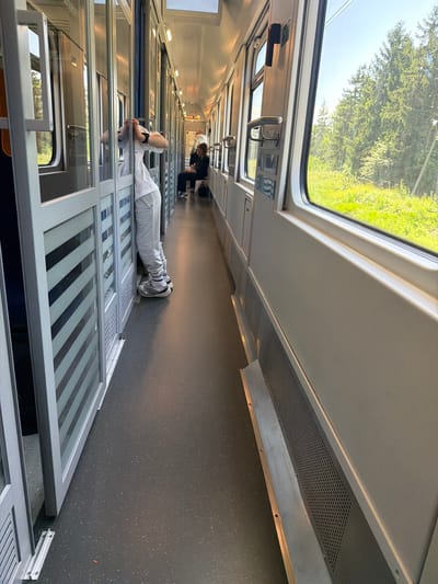 The image depicts the interior of a train carriage, likely in Gołębie, Poland, given the context. The perspective is from the aisle, looking forward. On the left side of the aisle, a person wearing grey sweatpants and a white t-shirt is leaning against a glass partition with their head resting on their hands. They are wearing white sneakers. Further down the aisle, two individuals are seated, facing away from the camera. The train carriage features large windows on the right side, offering a view of lush green trees and foliage under a clear sky. The aisle floor is dark grey with small white speckles. The walls of the carriage are a light, neutral color, with silver accents around the doors and windows. Metal grates for ventilation are visible along the lower part of the right-hand wall. The overall impression is a bright, modern train interior traveling through a scenic, wooded landscape.