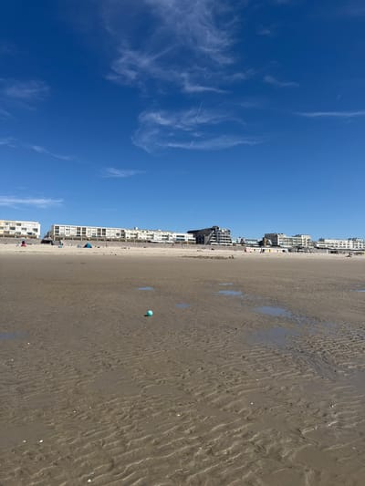 The image depicts a beach in Berck, France, on a sunny day with a clear blue sky. The foreground is dominated by wet sand with visible ripples and small pools of water. A light teal ball rests on the sand towards the right side of the frame. In the midground, a line of beach huts and various buildings, including apartment complexes and hotels, stretches along the coastline. Several small tents are pitched on the sand, and a few individuals are visible scattered on the beach, some sitting and others walking. The background shows the buildings against the backdrop of the sky.