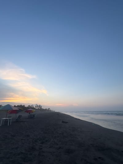 The image captures a serene beach scene in the city of Casitas, Mexico, during what appears to be either sunrise or sunset. The sky transitions from a pale blue at the top to soft hues of pink and orange near the horizon, with wispy clouds adding to the atmospheric quality. The ocean stretches out, with gentle waves lapping at the dark, sandy shore.

In the foreground, several beach chairs and tables are set up under colorful umbrellas, suggesting a spot for relaxation or dining. These are positioned on the dark sand, which appears somewhat damp near the water's edge. A line of trees and vegetation forms a backdrop behind the beach setup, hinting at the transition from the coast to the land. The overall atmosphere is peaceful and tranquil, characteristic of a quiet beach setting. There are no visible people in the immediate vicinity, adding to the sense of solitude.