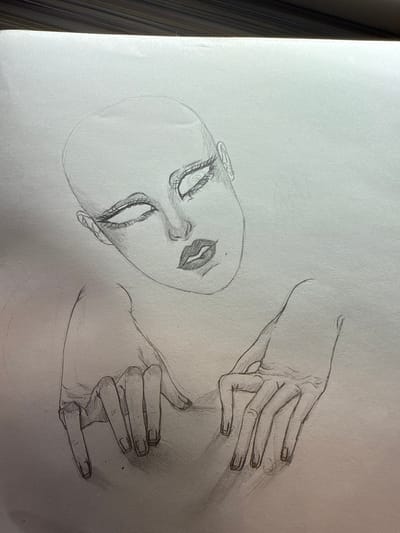The image is a pencil sketch of a person's head and upper torso, with a focus on the face and hands. The head is bald and tilted forward, with closed eyes and full lips. The hands are positioned in front of the torso, with fingers extended. The style is realistic, with shading used to create depth and form. The sketch is on a piece of white paper, which appears to be part of a sketchbook. The background is plain white, with some faint smudges and lines. There is no indication of the location in the city of Drozhzhino, Russia.