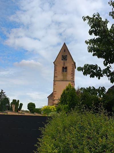 The scene depicts a light-brown stone church tower in Wolfisheim, France, under a partially cloudy sky. The tower, a prominent structure, features a square base that tapers into a pyramidal roof topped with a finial. A dark-faced clock with Roman numerals is visible near the top of the tower, indicating approximately 2:10. Below the clock, two arched belfry openings are present. The tower's corners are articulated with darker, contrasting stone blocks.
In the foreground, dense green foliage, primarily shrubs and bushes, occupies the lower portion of the image. A dark, horizontal fence or wall stretches across the lower mid-ground. Behind this barrier, lighter-colored architectural elements are visible, including a wall with decorative, sculpted topiary and two dark lampposts. Dark green tree branches with leaves partially obscure the upper right side of the image, framing the church tower. The sky above is a mix of blue and scattered white clouds.