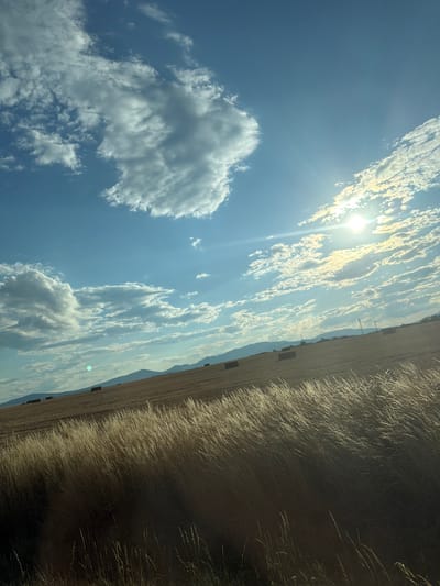 The image depicts a sunlit landscape of a harvested field in Trebišov, Slovakia. The field, likely a meadow or a crop field after harvest, is dotted with rectangular hay bales. In the foreground, tall dry grass is illuminated by the sun, creating a golden glow. The sky is a vibrant blue, adorned with scattered clouds. The sun is bright and positioned in the upper right quadrant of the image, casting long shadows and highlighting the textures of the clouds and grass. In the distance, a range of low hills or mountains forms the horizon. The overall scene evokes a sense of rural tranquility and the late afternoon or early evening light. There are no people visible in the image.