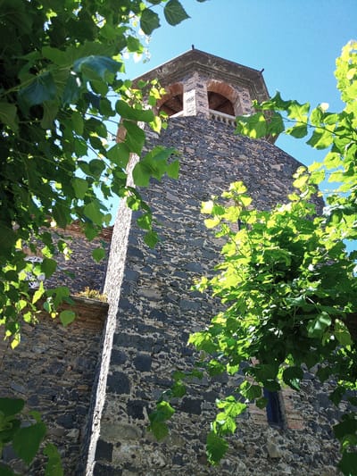 This is a low-angle, ground-level shot looking up at a stone bell tower, partially obscured by lush green foliage in the foreground. The tower is constructed of rough, dark gray stones of varying sizes, with some lighter-colored mortar visible. The top of the tower features an open belfry with arched openings, supported by lighter brickwork and capped with a darker, weathered cornice. A clear, bright blue sky forms the background. The image was taken in Castellfollit de la Roca, Spain, a town renowned for its unique setting atop basalt cliffs formed by ancient lava flows. The presence of greenery suggests a warm, possibly summer, season. No people are visible in the frame.