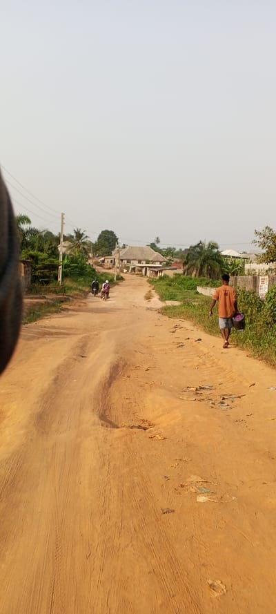 This vertical medium shot captures a semi-rural or rural landscape in Ketu Adieowe, Nigeria, centered on a wide, unpaved dirt road. The road, composed of reddish-brown earth, displays distinct tire tracks and undulations, indicative of regular vehicular and pedestrian traffic. Lush green vegetation, including various trees and shrubs, flanks both sides of the thoroughfare, with several utility poles and overhead lines visible along the left margin.

In the foreground, a man walks away from the camera on the right side of the road. He is dressed in an orange short-sleeved shirt with the number "80" prominently displayed on his back, light-colored shorts, and flip-flops. He carries a dark bag or bucket, containing a purple-hued item, in his left hand. Further down the road, near the mid-ground, two individuals are seen riding a motorcycle, also moving away from the viewer.

In the background, several single-story buildings with varying roof types, some appearing to be corrugated, are nestled within the dense greenery, signifying a settlement. The sky above is a light, hazy grey-blue, suggesting either an overcast day or the presence of atmospheric dust. The scene is illuminated by natural daylight, with soft, diffused lighting. A faded, colorful sign is partially visible on the right side of the road, behind the walking man, but its specific text is largely unreadable. The image conveys a sense of everyday life and travel in a developing region.
