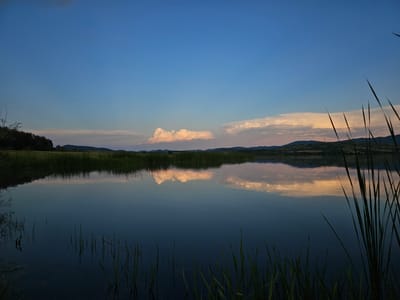 A serene scene depicts a still lake reflecting a twilight sky. The sky transitions from a deep blue overhead to a lighter, dusky hue near the horizon, where fluffy clouds are tinged with soft pink and golden light. The water mirrors these colors, creating a symmetrical reflection. In the distance, low, rolling hills are visible, suggesting a rural landscape. Tall reeds and grasses line the foreground, partially obscuring the view and adding depth to the composition. This is a view of the reservoir in Nikolaevo, Bulgaria, in the early summer.