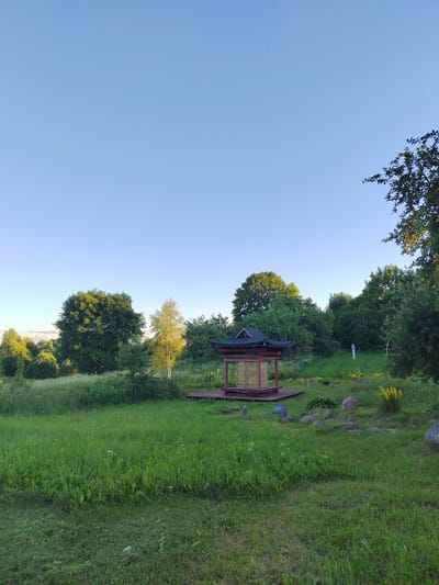 The image depicts an outdoor scene in a park-like setting, likely in the vicinity of Лынтупскі сельскі Савет, Belarus, during daylight. A prominent feature is a small, red, pagoda-style gazebo situated on a wooden platform in the middle ground. The gazebo has a dark, multi-tiered roof with upturned eaves. Surrounding the gazebo is a gently sloping grassy area dotted with rocks and some yellow wildflowers. In the background, a dense line of green trees forms the edge of the landscape, with a clear blue sky above. To the right of the gazebo, a white statue or marker is visible, and further back, a rudimentary wooden structure, possibly a fence or trellis, can be seen amongst the trees. The foreground consists of a lawn that appears to have been recently mowed. There are no people visible in the image. The overall impression is one of a tranquil, manicured natural space.