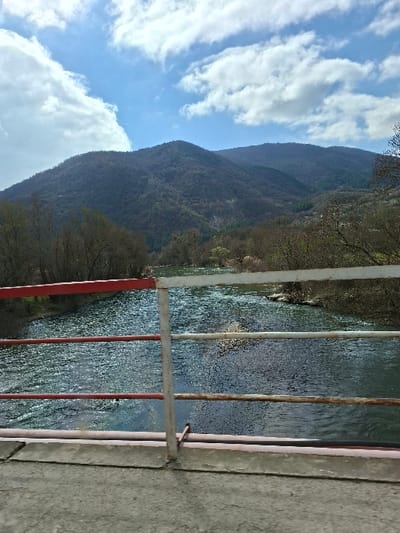 The image depicts an outdoor landscape, observed from a bridge structure in the city of Poleto, Bulgaria. In the foreground, the concrete surface of a bridge deck is partially visible at the bottom. A metal railing extends across the lower portion of the frame, consisting of three horizontal bars: the uppermost two are painted white and red, respectively, exhibiting visible weathering, while the lowest bar appears dark and rusted. A vertical metal support post is positioned centrally.
In the midground, a river flows horizontally across the scene, under the bridge. The water is dark blue-green, with reflections of sunlight indicating movement. The riverbanks are lined with deciduous trees and brush, appearing mostly bare or with sparse, early foliage.
The background is dominated by large, densely forested mountains, exhibiting variations in green and brown hues. Above the mountains, the sky is clear blue with scattered, prominent white cumulus clouds. No individuals or active subjects are present in the scene.