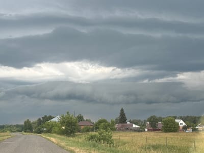 The image depicts a rural landscape under a dramatic, overcast sky. A paved road curves from the lower left of the frame into the distance, bordered by dry grass and fields. Scattered across the middle ground are several residential buildings, including houses with various roof colors and styles, surrounded by trees and vegetation. A tall, conical evergreen tree stands out among the foliage. The sky is filled with heavy, dark clouds, suggesting an impending storm. The scene appears to be a quiet, residential area outside of a city, possibly a village or dacha settlement. The location is identified as Kamyshlovsky District, Russia. There are no people visible in the image.