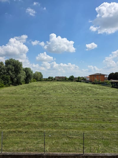 The image depicts a freshly cut field of grass under a bright blue sky dotted with fluffy white clouds. The field exhibits horizontal lines from the mowing activity. In the background, a line of trees borders the left side of the field, and a few residential buildings, including an orange house, are visible on the right. A chain-link fence runs across the foreground. The scene is consistent with a rural or suburban area, likely within the province of Rovigo, Italy, given the architectural style and vegetation. There are no people or animals present in the image, and no specific actions are being performed. The environment appears calm and undisturbed.