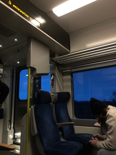The interior of a train carriage is depicted, showcasing a row of blue patterned seats next to a window showing an evening scene. A person wearing a light-colored sweater and black hat is visible, looking down at a phone. The train's interior features bright overhead lighting and a gray paneled wall, with a display panel above.