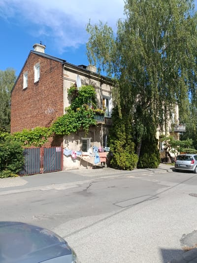 A three-story brick building with a section of faded plaster is the main subject of this outdoor scene. The building is adorned with climbing green vines that extend across its facade and balconies. Laundry is hanging on a clothesline in front of the building, suggesting a domestic setting. Adjacent to the building, a tall, leafy tree with a white trunk dominates the right side of the frame. A silver car is parked on the street in front of the building. The scene is set on a paved street with a sidewalk. The sky above is blue with scattered white clouds. There is no visible text in the image. The lighting suggests it is daytime. The overall atmosphere is peaceful and rural.