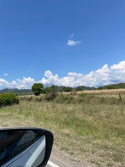 A wide-angle, eye-level shot shows a rural landscape under a bright blue sky with scattered white cumulus clouds. In the foreground, the bottom left corner of a car's side-view mirror is visible, reflecting the sky and clouds. A road runs along the bottom edge of the frame, with gravel and dry grass bordering it.

The middle ground is dominated by a field of tall, dry, golden-brown grass interspersed with patches of green vegetation and scattered white wildflowers. A few weathered wooden posts, likely part of a fence, are present in the field. In the center of the image, a cluster of trees with lush green foliage stands out against the drier landscape. Behind the field, rolling hills covered in green vegetation and trees form the background, with a few small buildings nestled in a valley. The overall impression is one of a sunny, dry summer day in a rural area, possibly the region of Ratevani, Georgia.