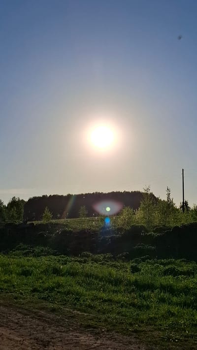 The image shows a landscape near Sheshurga, Russia, under a bright sun in a hazy sky. The sun is positioned high in the sky, casting a bright glow over the scene. Vegetation, including trees and grass, covers the ground on the right side of the image. Utility poles and wires are visible.