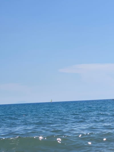 This is a photograph of the Tyrrhenian Sea, likely taken from the coast of Castiglione della Pescaia, Italy, on a clear, sunny day. The sky is a pale blue, with a faint, wispy cloud formation visible on the horizon in the upper right quadrant of the image. The sea occupies the lower half of the frame, presenting a rippling, deep blue surface that reflects the sunlight, creating sparkling highlights. In the distance, along the horizon, a hazy landmass, possibly an island or distant coastline, is discernible. Closer to the shore, a single windsurfer with a yellow sail is visible, positioned slightly to the left of the center of the frame. The water in the foreground shows more pronounced waves and a greater intensity of sun glare.