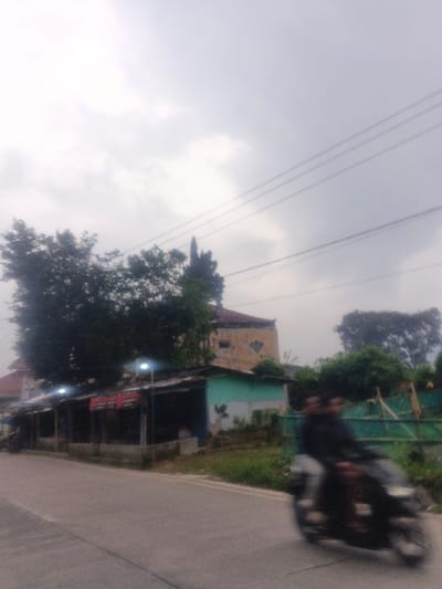 This image captures a street scene in Dakshin Hichachhara, India, under an overcast sky. A two-lane asphalt road occupies the lower portion of the frame. In the foreground on the right, a dark-colored motorcycle is in motion, blurred due to its movement from right to left, carrying two individuals in dark clothing.
To the left of the road, a series of single-story structures with corrugated metal roofs extends along the street. These structures appear to be commercial establishments or stalls, with bright artificial lights visible illuminated beneath their roofs. One visible structure exhibits a light teal paint scheme. Behind these immediate roadside buildings, a larger, older, light brown multi-story building is partially obscured by trees. This building features a distinctive, possibly hexagonal or octagonal, upper section with a peaked roof. Dense green foliage from various trees is prominent throughout the left and middle ground, with a tall, slender coniferous tree standing behind the roadside structures. Overhead, three power lines are visible traversing the upper right quadrant of the cloudy sky. Additional green vegetation is present on the right side of the road, behind the moving motorcycle.