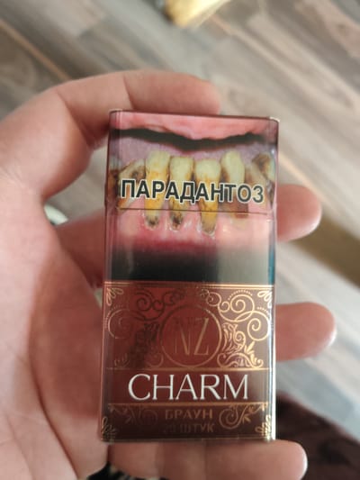 A hand holds a pack of cigarettes that displays a graphic warning image of diseased teeth. The pack is predominantly dark brown with gold ornamental details. Text on the pack reads "ПАРАДАНТОЗ", "NZ CHARM", "БРАУН", and "20 ШТУК". The background is a wooden surface, likely a table or floor. The location is identified as Андрэеўшчынскі сельскі Савет, Belarus.
