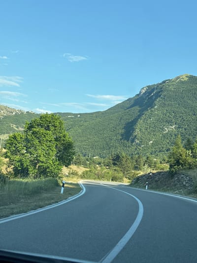 An asphalt road curves through a mountainous landscape under a clear blue sky with scattered white clouds. The road has a white line marking the center and outer edge. On the left side of the road, tall green grass and trees grow, with a larger, dense green tree prominently featured. Beyond the grass and trees, rolling green hills covered in dense forest rise. To the right of the road, the terrain is also covered in trees and rocks. In the distance, a large, steep mountain peak, also covered in trees, dominates the skyline. The scene appears to be a rural or natural setting, possibly a mountain pass or highway. The image depicts a scenic view of a road journey in a mountainous region.