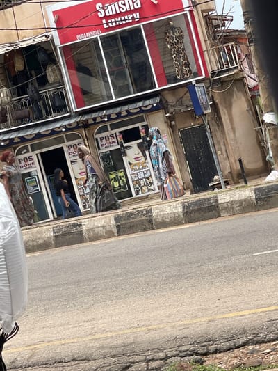 A street-level, medium shot captures a storefront with multiple shops lining a road. The storefront displays a red sign reading "Sansha Luxury" with a phone number. Inside, clothing and bags are visible. A leopard-print dress is displayed in one window. Other shops have images of faces and text such as "POS DONE HERE" and "Cosmetics." The road in front of the shops is paved and has a yellow line down the center, suggesting it is a public street. The scene appears to be during the day, with ambient lighting. The overall atmosphere suggests a commercial area, likely a market or shopping street, with the shops focused on fashion and personal care items. There are also visible electrical wires and some debris, indicating a busy urban environment.