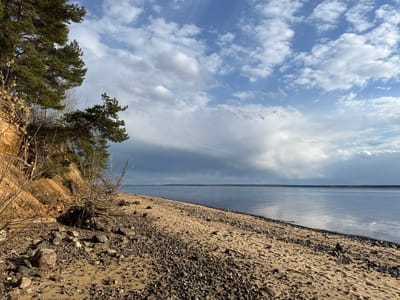 The image depicts a beach scene in Petrakovo, Russia. The foreground consists of a sandy beach strewn with small rocks and pebbles. A low sandy cliff, topped with pine trees, is visible on the left side of the frame. The water body, likely a lake or river, stretches into the midground, reflecting the sky above. In the background, the opposite shore is visible as a dark, indistinct landmass. The sky is filled with a mix of white and grey clouds, suggesting an overcast or partly cloudy day. There are no people visible in the scene.