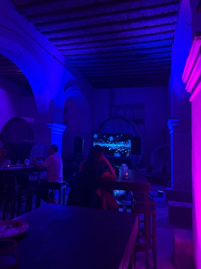 The image depicts an indoor lounge or bar environment illuminated by predominantly blue and magenta ambient lighting. The setting features historical architectural elements, including arched passageways and a ceiling constructed with exposed wooden beams. Large wooden barrels are prominent in the background, specifically on the far left and behind a central screen, consistent with a winery or a wine-themed venue in Parras de la Fuente, Mexico.

Three individuals are visible:
1.  A person wearing a light-colored short-sleeved shirt is seated at a dark wooden high-top table on the left, holding a glass.
2.  A second person, with long dark hair, is seated at a similar high-top table in the mid-ground, facing away from the camera and towards a large flat-screen display. Their right elbow rests on the table, with their hand near their face.
3.  A third individual is partially visible behind the first person on the far left.

Essential objects include several dark wooden high-top tables with matching stools. A white plate is on a table in the foreground. A large flat-screen display centrally positioned in the mid-ground exhibits an abstract visual of blue-and-white lights or particles on a dark background. A small illuminated object, possibly a candle, is present on the table in front of the person with dark hair. Sound equipment, likely speakers, is visible on the floor flanking the screen. A vertical architectural column on the right side is highlighted by a magenta light strip. The scene portrays patrons engaged in leisure within a social establishment.