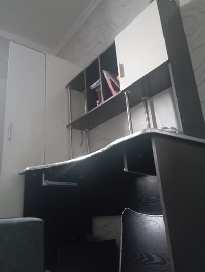 The image shows the interior of a room, possibly a home office or study, with a desk and shelving unit. The dominant colors are black, white, and grey, with some wood grain patterns visible on the black surfaces. The desk appears to be modern and sleek, with a curved edge along the front. On the desk's surface, there are several shelves and compartments, some of which contain various items like folders and what appear to be books. There is also an LED light strip attached to the underside of one of the desk's surfaces.
The shelving unit is integrated with the desk, featuring open shelves and closed compartments. One of the closed compartments has a white front, while others are black with wood grain. The shelves are supported by metallic rods. The overall impression is one of organization and functionality, though the arrangement of items suggests recent use or a work in progress.
The background shows a wall with a patterned wallpaper in shades of grey and beige, creating a subtle visual texture. The lighting in the room appears to be a mix of ambient and artificial light, with some reflections visible on the surfaces. The image is taken from a slightly elevated angle, looking down onto the desk and shelves.
There are no people visible in the image. The scene appears to be indoors, and there are no clear indicators of the time of day or weather conditions outside. The context of Джапалак, Kyrgyzstan, suggests a potentially cold climate, but this is not directly evident from the image. There is no visible text in the image.