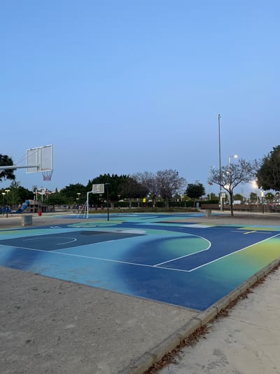 This image captures an outdoor public basketball court and its surrounding park area in Torrent, Spain, during dusk or early evening. The sky above is a clear, light blue, and artificial lights from streetlights are illuminated, suggesting the transition from day to night.
The foreground is dominated by a vibrant, multi-colored basketball court featuring a distinctive design with areas painted in various shades of blue, green, and yellow, accentuated by white boundary lines. Two basketball hoops with white backboards and red rims are prominently visible on the court.
The court is bordered on the right by a concrete pathway and a low curb, along which some scattered dry leaves are present. Beyond the court, a recreational area extends, populated by numerous trees—some deciduous with bare branches and others evergreen with dense foliage. Several modern streetlights are positioned throughout this area, providing illumination. In the distance, elements like benches and potentially other park structures or playground equipment can be discerned, although they are not clearly detailed.
There are no people visible in the image, leaving the court empty and still. The scene is calm and quiet, with no specific activity taking place. No legible text is visible on any signs or objects within the frame.
