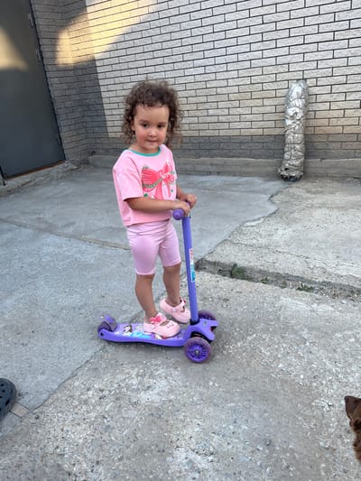 A young girl with curly brown hair stands on a purple scooter in an outdoor courtyard. She is wearing a pink t-shirt with a bow graphic and pink shorts. Her feet are adorned with pink sandals. The scooter has a purple handlebar and wheels and is decorated with images of cartoon characters. The ground is made of concrete, and a brick wall is visible in the background. A grey metal door is to the left of the girl. A pipe covered in silver insulation is present against the brick wall. To the right, the back of a brown dog is visible. The lighting suggests it is daytime, with shadows cast by sunlight. The scene appears to be in a residential or industrial area. The location is Aksu, Kazakhstan.
