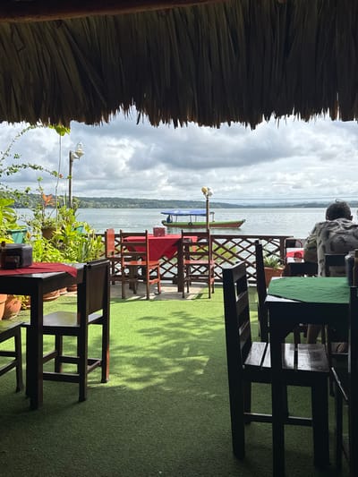 A waterside restaurant features dark wooden tables and chairs on artificial green turf. A thatched roof provides partial coverage. The cloudy sky and lake are visible in the background. Plants in pots adorn the foreground, while a fence separates the seating area from the water. A boat is docked nearby.