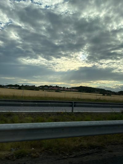 The image captures a view from a moving vehicle, likely on a highway, looking towards a rural landscape in Trönninge, Sweden. The sky is dominated by dramatic, textured clouds in shades of gray and white, with shafts of sunlight breaking through in the distance. Below the sky, a vast field of golden-brown crops, possibly wheat or barley, stretches across the middle ground.

Several clusters of houses, with red-tiled roofs and white walls, are scattered across the landscape, nestled among trees and on gentle hills. A dark green treeline forms a backdrop to the field and houses, with a prominent hill rising in the right half of the image.

In the foreground, a silver metal guardrail runs horizontally across the lower part of the frame, indicating the perspective is from a roadside. Beyond the guardrail, there is a paved road with white lines, and a strip of grassy verge with wild vegetation. The overall impression is one of a serene, overcast day in the Swedish countryside.