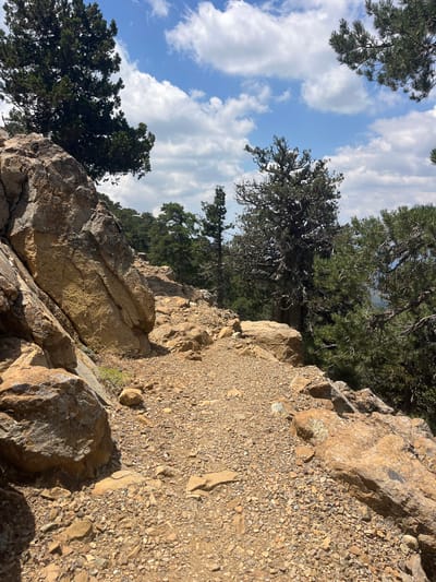 The image depicts a rocky mountain trail in Prodromos, Cyprus, under a partly cloudy blue sky. The trail is composed of loose gravel and scattered rocks, with larger boulders lining the left side of the path. Dense green pine trees and other vegetation are visible on the slopes and in the background, suggesting a natural, mountainous environment. The sunlight casts shadows, indicating it is daytime. There are no people or animals visible in the scene.