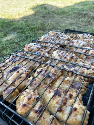 This media file features a close-up shot of chicken wings cooking on a grill basket. The chicken appears well-seasoned and is showing signs of charring from the grill. The grill basket itself is made of dark metal. In the background, out of focus, is a grassy area with some dappled sunlight, suggesting an outdoor setting. The lighting indicates it is likely daytime. There are no people or visible text in the image. The scene evokes a sense of casual outdoor cooking, possibly a picnic or barbecue.