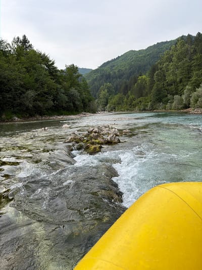 The image shows a bright yellow raft on a clear, fast-moving river. The river is surrounded by lush green trees and a rocky bank. The water is turbulent, with white rapids churning around rocks. The raft occupies the right side of the frame, its bright yellow color contrasting with the natural greens and grays of the river and trees. The left side of the image is dominated by the dense green foliage of trees that line the riverbank and extend up a forested hill. The sky is overcast, suggesting a cloudy day. The perspective is from within the raft, looking down the river and towards the shore. The scene evokes a sense of adventure and the raw beauty of nature, likely during a rafting trip in Spiljani, Bosnia and Herzegovina.