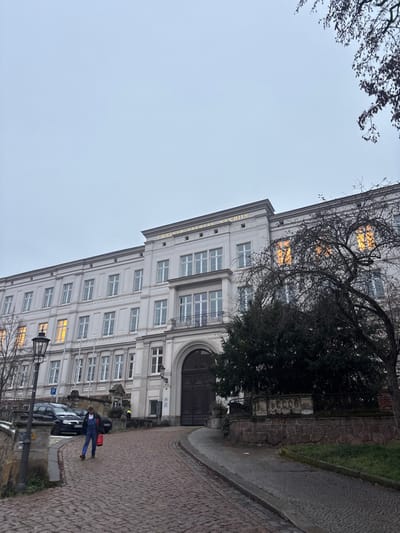 The image captures the St. Afra Gymnasium, a multi-story, light-colored building located on Freiheitsstraße in Meissen, Germany, under an overcast sky. The building features a classical architectural style with a central arched entrance framed by a balcony and numerous rectangular windows, some of which display warm yellow interior lighting. Above the second-story windows, the golden Latin inscription "CHRISTO PATRIAE STVDIIS" is prominently displayed on a frieze. In the foreground, a lone individual wearing dark blue overalls and carrying a red bag walks on a curving cobblestone path, heading towards the building's entrance. To the left, a dark ornamental lamppost stands near several parked dark-colored vehicles. The right side of the frame includes a large, bare-branched deciduous tree and dense evergreen shrubs, situated behind a low stone retaining wall, partially obscuring the building's facade. The scene is illuminated by diffuse daylight, consistent with an overcast condition.