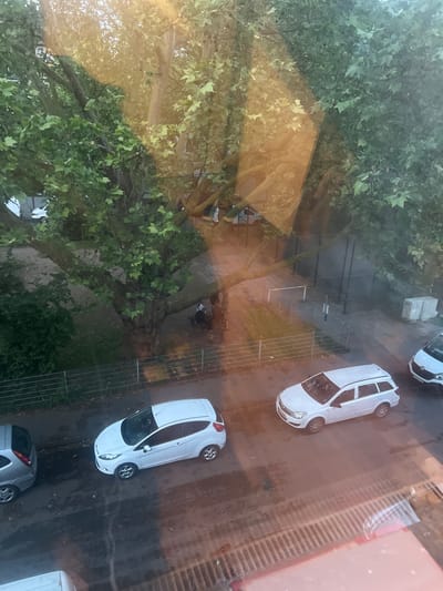 The scene is located in Herne, Germany. The image is captured from an elevated indoor vantage point, looking downwards through a window, evident by prominent warm-toned reflections and light flares across the frame.
The environment depicts an urban green space adjacent to a street. A dense canopy of mature trees with broad, green leaves dominates the upper and central portions of the frame. At the base of a large tree in the center-left, two individuals are present: one is standing, wearing a light-colored top and dark trousers, while the other is seated on a low structure, dressed in dark clothing.
A metal fence delineates the green space from a paved area and the street. To the right of the large tree, a smaller, fenced-off sports pitch is visible, featuring a white goalpost. A light-colored utility box is situated near the right edge of this paved section.
The foreground features a wet asphalt street, upon which four vehicles are parked. From left to right, these include the rear section of a silver hatchback, a white two-door Ford Fiesta, a white Opel Astra station wagon, and the front portion of a white Renault vehicle.