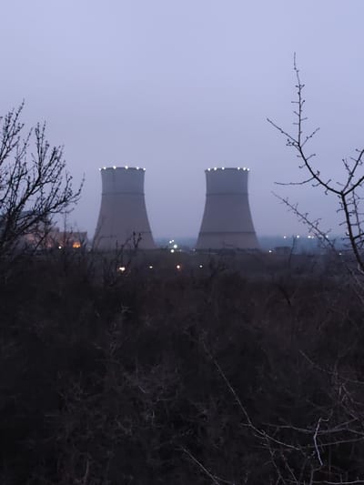 The image displays a static, outdoor industrial landscape under low light conditions, near Mednikarovo, Bulgaria. The foreground is dominated by a dense, dark array of barren tree branches and leafless shrubbery, which obscures the lower portion and extends into the lateral margins of the frame. Centrally positioned in the midground are two large, light-grey hyperboloid cooling towers. Each tower's upper circumference is clearly defined by a distinct ring of bright white lights. A distant industrial complex, characterized by numerous scattered small yellow-orange artificial lights, extends horizontally below and between the cooling towers. The sky above is a uniform, pale purple-grey, indicating twilight or dawn. No individuals, discernible actions, or interactions are present within the scene.