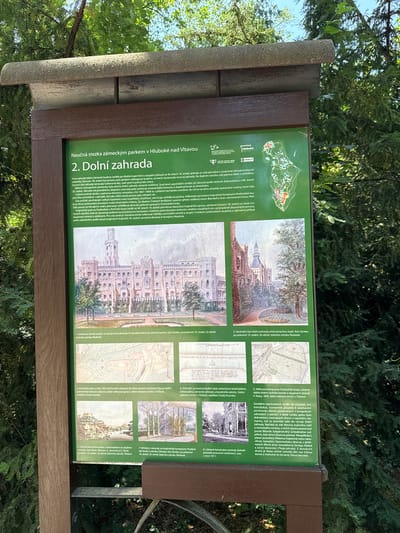 The image shows an outdoor informational sign in Hluboká nad Vltavou, Czechia, detailing the "Lower Garden" of the Hluboká Castle. The sign is made of wood and green material, and it is surrounded by trees and foliage. The sign contains text in Czech and several images, including a historical illustration of the castle, maps, and smaller depictions of garden features. The main subject of the sign is the historical development and features of the castle's lower garden. The sign itself is positioned in a park-like setting, with a wooden frame and a weathered, possibly stone, top. The background is dominated by lush green trees and foliage, suggesting an outdoor, natural environment. No people are visible in the image.