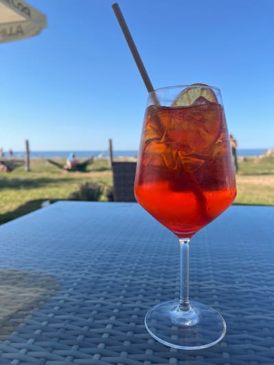 A close-up shot focuses on a tall glass filled with a vibrant red-orange cocktail, laden with ice and garnished with a slice of lime and a beige straw. The glass is condensation-covered, indicating it is a cold drink. It sits on a dark, woven tabletop. In the background, out of focus, a body of water, likely the Baltic Sea, stretches to the horizon under a clear blue sky. The shoreline is visible, with a patch of green grass and some indistinct figures, one of whom appears to be relaxing in a hammock. There are also two wooden posts with ropes, suggesting a demarcation or perhaps part of a play area. The environment suggests a seaside location, possibly a cafe or restaurant with outdoor seating, in the resort town of Toila, Estonia, known for its sandy beaches and spa culture. The overall scene evokes a relaxed, summer atmosphere.