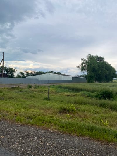 The image depicts an exterior view of a long, light-colored industrial building with a metallic roof and walls, situated behind a grey corrugated metal fence. The building appears to be a warehouse or storage facility. To the left of the building, a dark-colored structure is partially visible, as well as a utility pole with wires. A large, dense green tree stands to the right of the industrial building. The foreground is occupied by a gravelly surface transitioning into a field of green grass and various plants. In the background, a cloudy sky with patches of lighter clouds suggests overcast weather. The scene is located in Krylovskaya, Russia, likely in a semi-rural or industrial outskirts area. There are no people or animals visible in the frame, and no discernible actions are taking place.