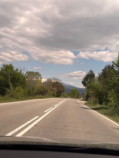 The image shows a gray asphalt road with double white lines running down the center. Lush green trees line both sides of the road. In the distance, a hazy mountain range is visible under a partly cloudy sky. The road appears to be winding slightly. The photo seems to have been taken from inside a vehicle. The scene suggests a rural or semi-rural location, likely in the Novi Chiflik area of Bulgaria, characterized by mountainous terrain and verdant vegetation. There are no people visible. A car is driving on the road.