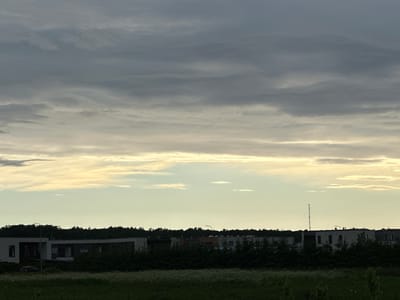 The image depicts a view of the city of Harkujärve, Estonia, under a cloudy sky. In the foreground, a dark green field with scattered white flowers stretches across the bottom of the frame. Behind the field, a line of dark green trees forms a dense barrier. Beyond the trees, a series of modern, light-colored buildings with dark-trimmed windows are visible. Some of these buildings appear to be residential, with multi-story structures and flat roofs. To the right of the buildings, a tall, slender radio tower rises above the treeline. The sky above is filled with layers of grey and pale yellow clouds, suggesting either a sunrise or sunset. The overall scene is one of a suburban or semi-rural landscape with a mix of natural elements and contemporary architecture. There are no people or animals visible in the image.