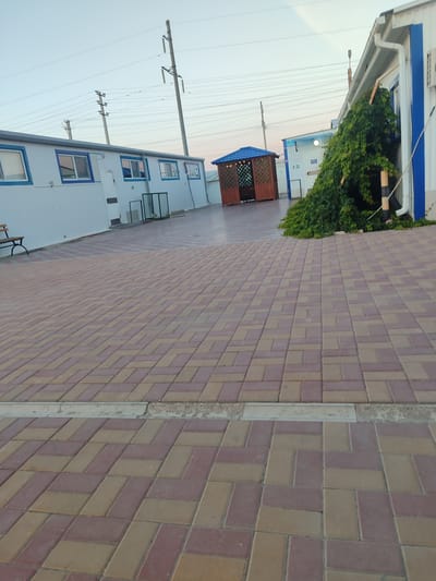The image depicts an outdoor scene in the village district of Қосшағыл, Kazakhstan. The foreground is dominated by a patterned brick pathway made of reddish-brown and beige rectangular pavers, laid in a herringbone pattern. A low concrete curb separates this pathway from a darker paved area behind it.

In the middle ground, there are several prefabricated buildings with white walls and blue trim. One building on the left has multiple windows with blue frames. To the right of this building, there is a green metal cage or enclosure. Further to the right, a wooden gazebo with a blue roof and decorative lattice sides is visible. A large, dense vine with green leaves is growing up the side of a white building on the right edge of the image, partially obscuring its features.

In the background, a clear sky with a slight haze is visible. Overhead power lines and utility poles are prominent against the sky, stretching across the frame. The overall impression is of a commercial or recreational area, possibly a small park or an outdoor amenity space within a rural or semi-rural setting. No people are present in the image.