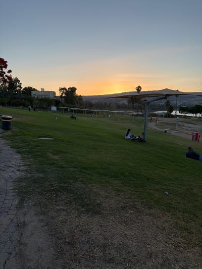 The image depicts a park scene in Emek HaYarden Regional Council, Israel, during sunset. A gently sloping green lawn dominates the foreground, with a paved pathway and a trash can visible on the left. Several people are scattered across the lawn, some sitting and others walking. In the middle ground, a large, modern canopy structure provides shade, with two individuals seated beneath it. Beyond the lawn, a body of water, likely the Sea of Galilee, is visible, bordered by a distant shoreline with trees and buildings. The sunset casts a warm glow over the landscape, painting the sky in soft hues of orange and blue. The overall atmosphere is one of relaxation and tranquility.