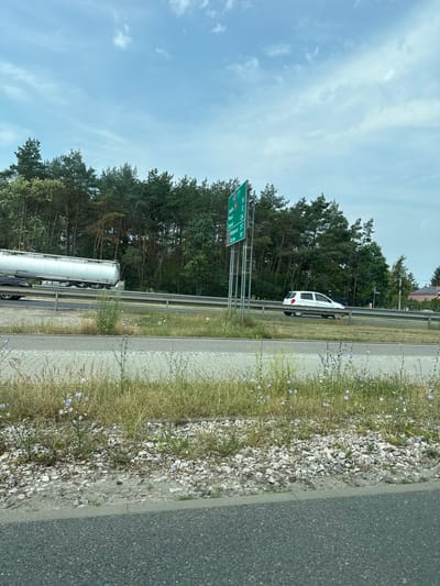 The media file depicts a roadside scene on a highway. The primary subjects include a highway with a guardrail separating it from the shoulder and a grassy, overgrown area with scattered wildflowers. On the highway, a white car is visible, and in the distance, a large white tanker truck is traveling. The scene is framed by a dense forest of pine trees to the left and a bright, partly cloudy sky overhead.
A prominent green highway sign is visible, displaying destinations and distances. Although the text is partially obscured and rotated, some legible elements include numbers and what appear to be city names. One section shows "157" and "103", and another part seems to read "Płońsk" and possibly "Warszawa". The overall setting suggests a rural or semi-rural highway environment in Poland, given the location context provided.
The weather appears to be fair with a mix of sun and clouds. The time of day is likely daytime, judging by the brightness of the sky and the lighting on the vehicles and landscape. There are no people clearly visible in the frame. The image captures a moment of travel along a highway, with the natural environment contrasting with the infrastructure.