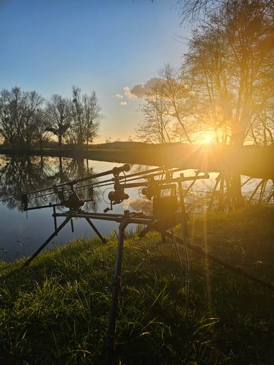 The image is an upside-down view of a lakeside scene. The upper portion of the image shows a clear blue sky with a few white clouds. Silhouetted tree branches extend from the upper right, with the sun shining through the leaves, creating a bright flare. The lower portion of the image is a reflection of the upper portion in the calm water. A fishing rod stand with multiple rods and reels is positioned in the middle ground, silhouetted against the sun and reflection. Green grass is visible on the right side of the image, likely on the bank of the lake. The location is likely Gavisse, France, due to the prompt.