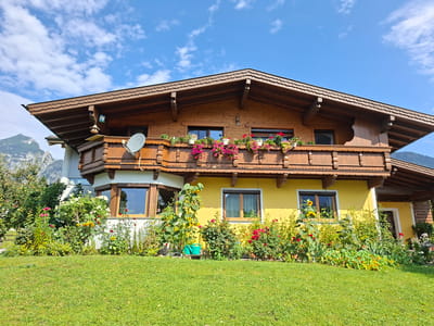 A yellow house with a wooden facade and roof is situated in a mountainous region with green grass in the foreground. The house has multiple windows, a balcony adorned with flowers, and a satellite dish on the balcony. The sky is blue with scattered white clouds. The surrounding area is lush with various plants and flowers. The image does not provide information about the city of Münster, Austria.