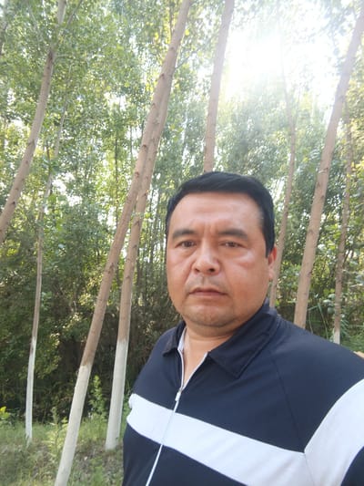 A man of East Asian descent is pictured in a frontal shot, looking directly at the camera. He has short black hair, dark eyes, and a light complexion. He is wearing a dark blue polo shirt with a white stripe across the chest and a white zipper. He appears to be outdoors, with a background of trees and foliage. The sunlight is strong, creating a lens flare in the upper right portion of the image. The trees have thin trunks, some of which are painted white at the base. The overall setting suggests a natural environment, possibly a park or wooded area, within the city of Hakkulabad, Uzbekistan.