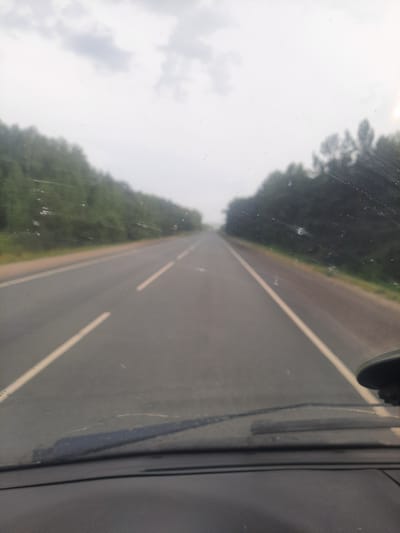 This is a slightly tilted, low-angle, close-up shot looking out through a dirty, scratched window, possibly of a vehicle. The primary subject is a two-lane asphalt road receding into the distance. The road has a white dividing line. On the left side of the road, there is a dense line of green trees and foliage, extending into the background. The sky above is overcast and bright, with some cloudy formations visible, suggesting it is daytime. The right side of the image shows the dark, textured interior of the vehicle, with a curved black object, possibly part of the car's interior or a side mirror, visible at the top. The overall impression is of a journey on a road surrounded by nature, viewed from inside a moving vehicle. There is no visible text.