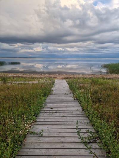 The image depicts a serene natural scene with a wooden boardwalk leading towards a calm body of water. The boardwalk, constructed from weathered grey wooden planks, runs diagonally across the right side of the frame, bordered by lush green grass and small wildflowers.
On the left, a vast expanse of water reflects the dramatic, overcast sky filled with swirling gray and white clouds. The reflections create a mirror image of the sky on the water's surface, adding a sense of depth and drama to the scene. The far horizon is a subtle line where the water meets the sky. Along the edge of the water, a thin strip of gravelly shore is visible, interspersed with dry grasses and reeds.
The time of day appears to be late afternoon or early evening, given the soft, diffused light and the dramatic cloud formations. The weather seems to be cloudy, possibly with a chance of rain, but the water is exceptionally still, indicating a lack of strong wind.
The location cues, such as the vegetation and the overall atmosphere, suggest a lakeside or coastal environment in a northern climate. The scene evokes a feeling of tranquility and introspection, inviting the viewer to walk along the boardwalk and contemplate the vastness of nature. There is no visible text in the image.